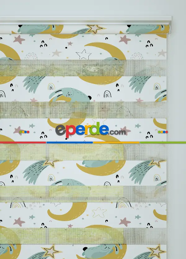 Çocuk Odası - Soğuk Yeşil Tavşan Ve Kayan Yıldız Desenli Baskılı Zebra Perde