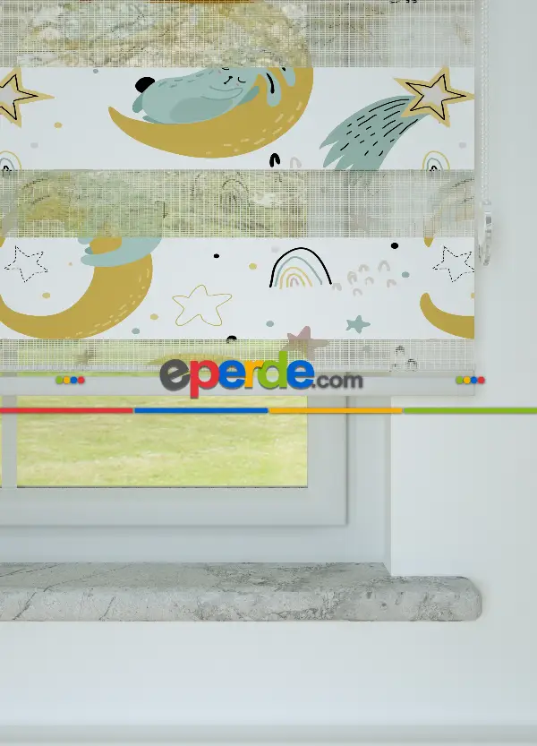 Çocuk Odası - Soğuk Yeşil Tavşan Ve Kayan Yıldız Desenli Baskılı Zebra Perde