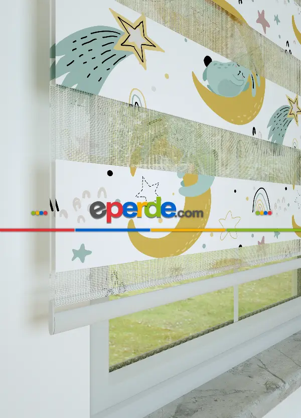 Çocuk Odası - Soğuk Yeşil Tavşan Ve Kayan Yıldız Desenli Baskılı Zebra Perde