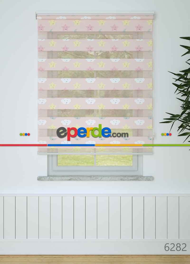 Bebek Odası - Pembe Sarı Yıldız Desenli Baskılı Zebra Perde