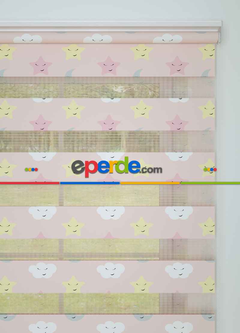 Bebek Odası - Pembe Sarı Yıldız Desenli Baskılı Zebra Perde