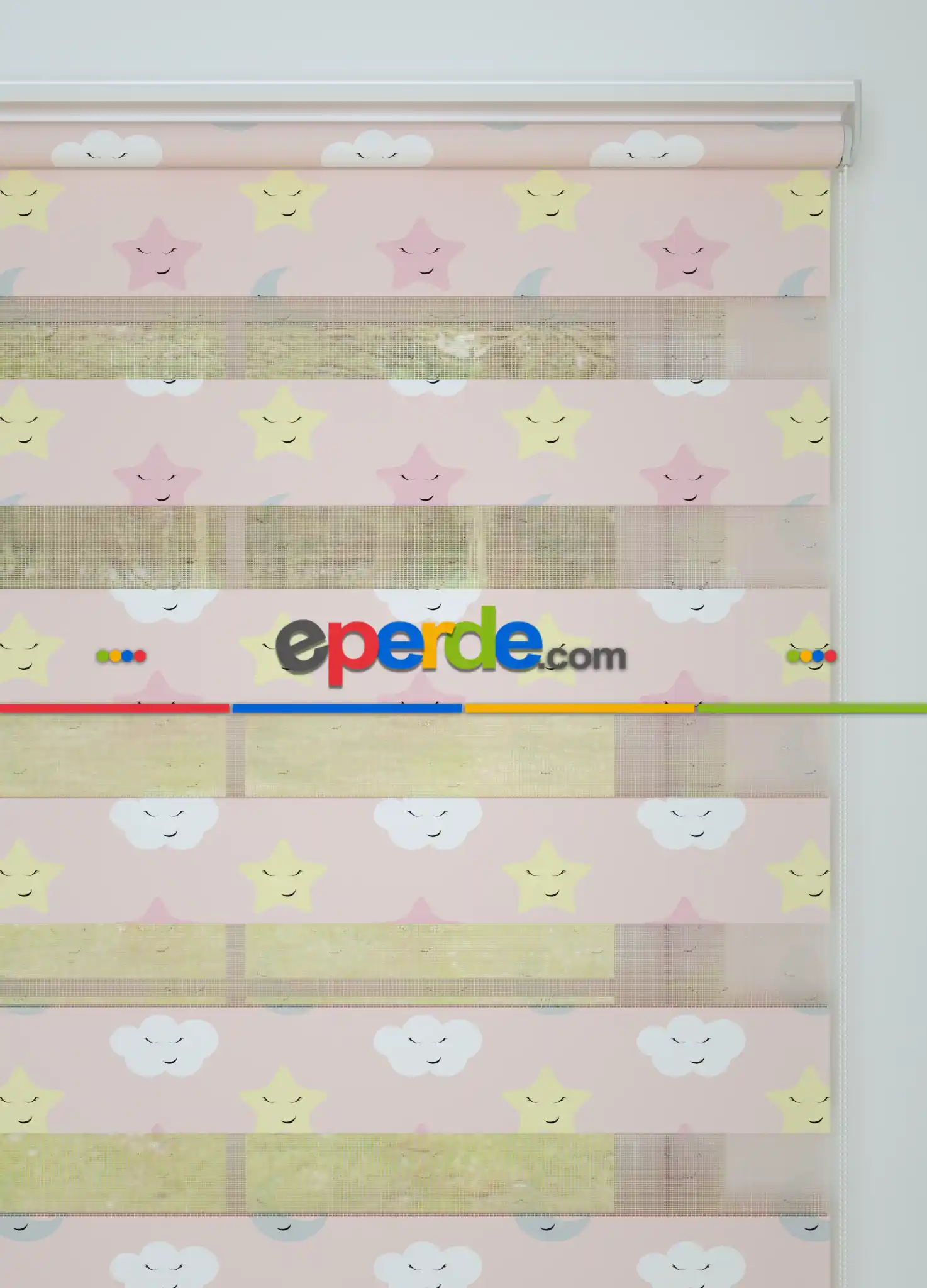 Bebek Odası - Pembe Sarı Yıldız Desenli Baskılı Zebra Perde