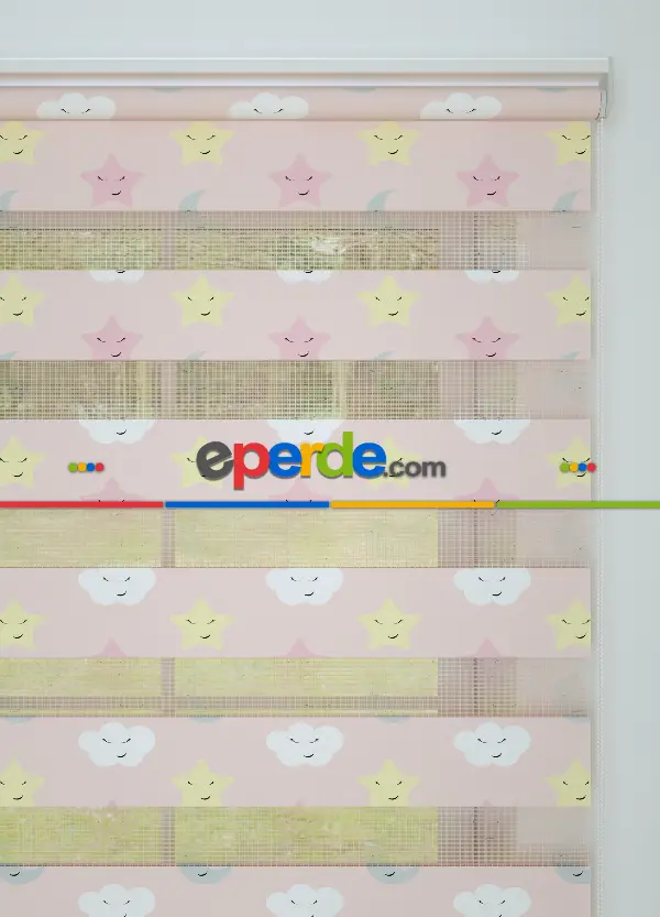 Bebek Odası - Pembe Sarı Yıldız Desenli Baskılı Zebra Perde