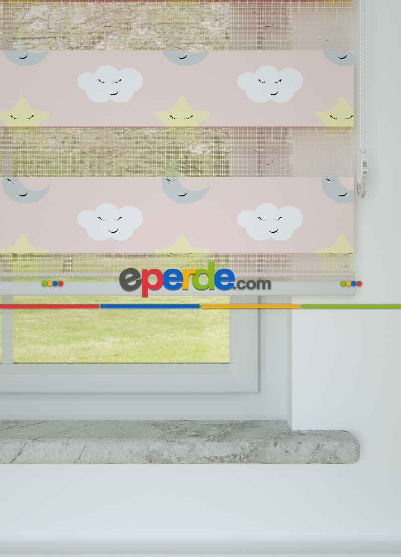 Bebek Odası - Pembe Sarı Yıldız Desenli Baskılı Zebra Perde