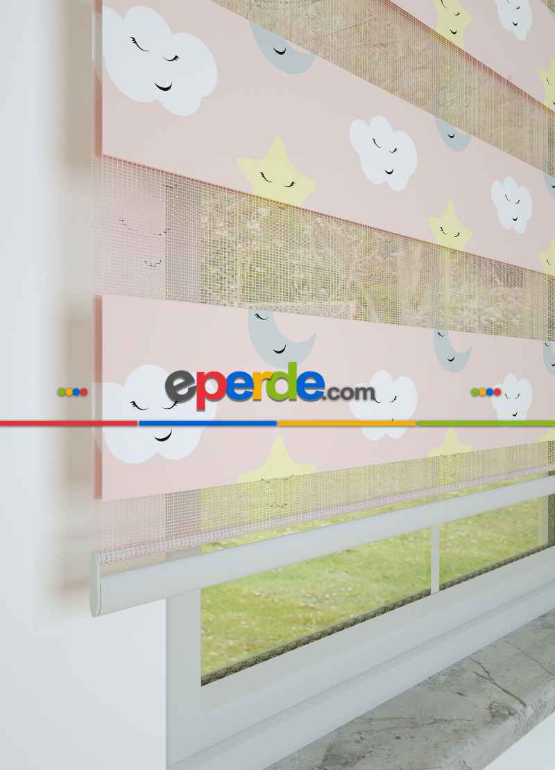 Bebek Odası - Pembe Sarı Yıldız Desenli Baskılı Zebra Perde