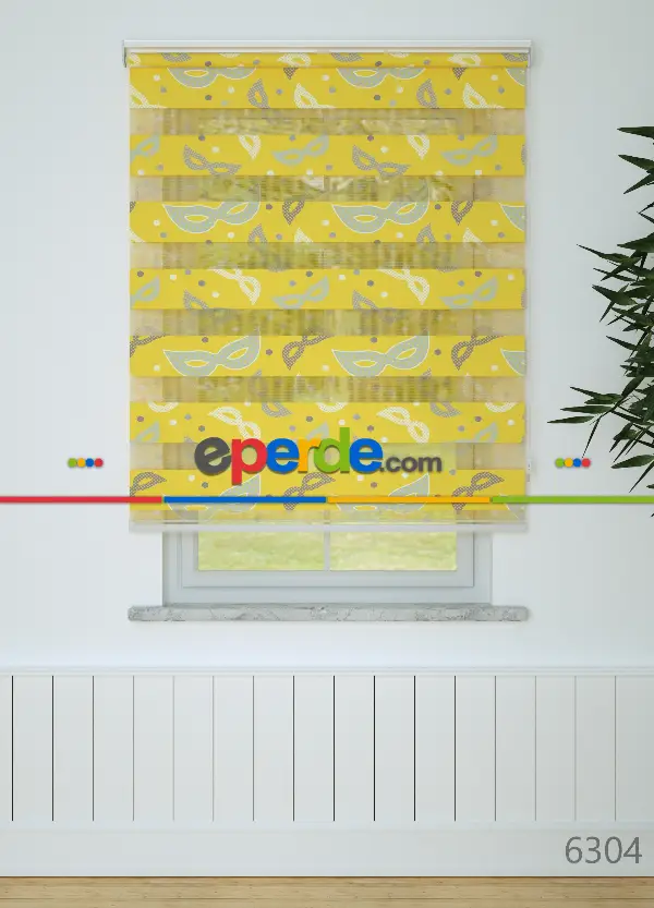 Çocuk Odası - Sarı Maske Desenli Baskılı Zebra Perde