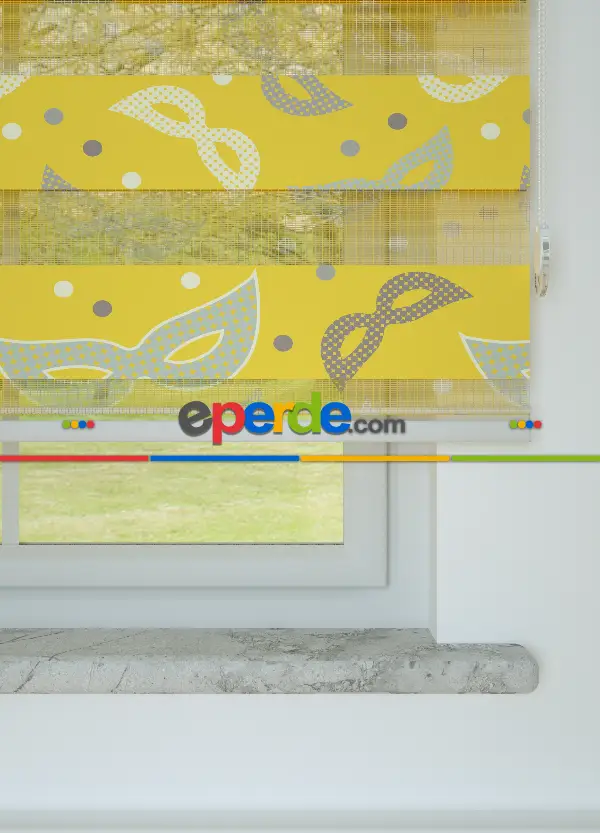 Çocuk Odası - Sarı Maske Desenli Baskılı Zebra Perde