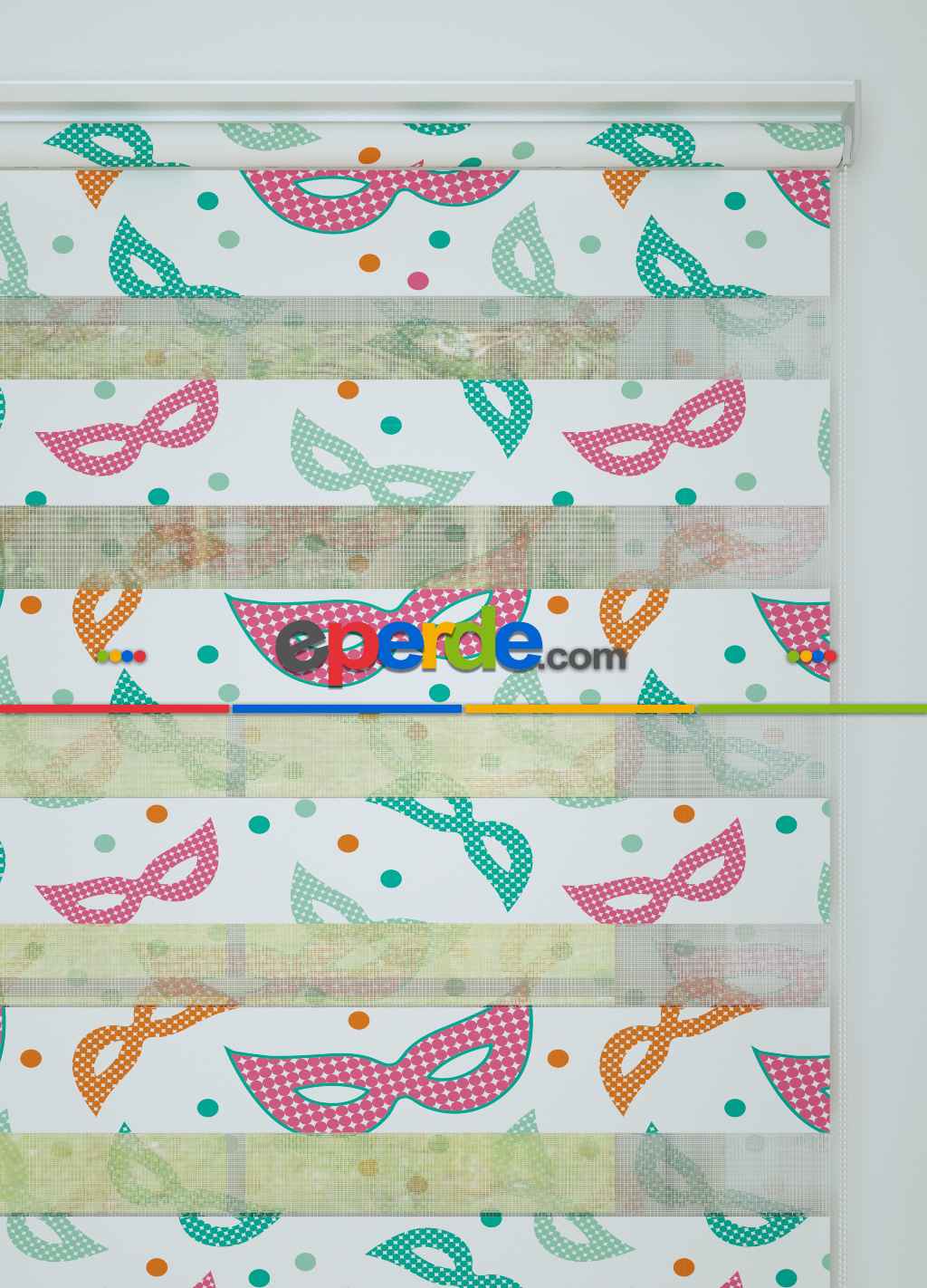 Çocuk Odası - Yeşil Pembe Maske Desenli Baskılı Zebra Perde
