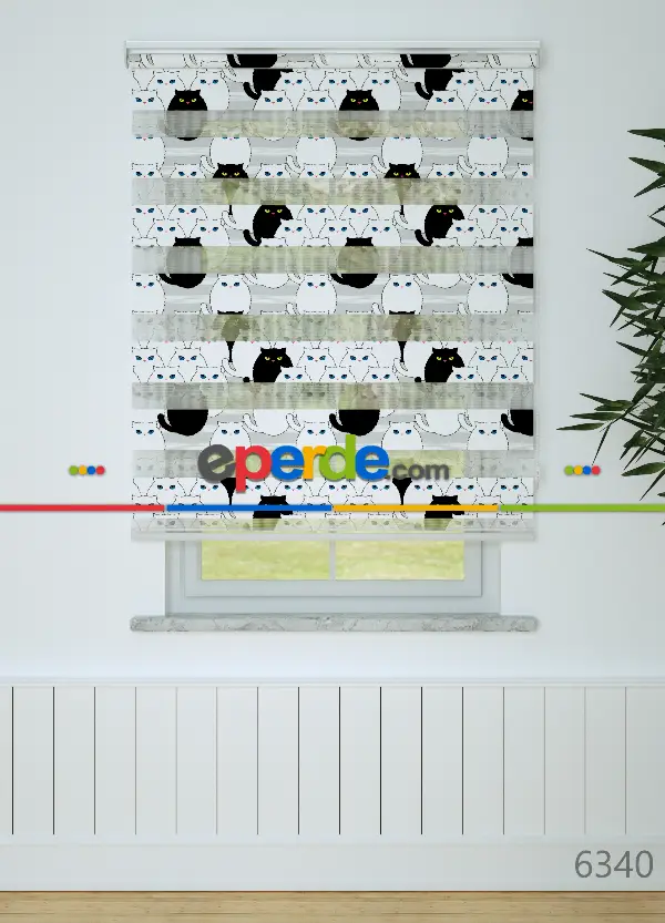 Siyah Kedi Desenli Baskılı Zebra Perde