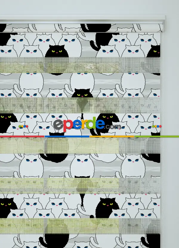 Siyah Kedi Desenli Baskılı Zebra Perde