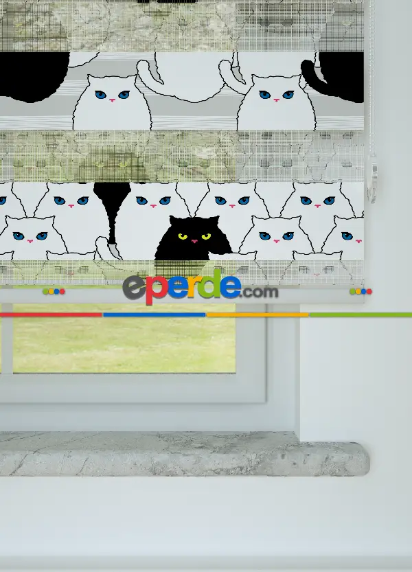 Siyah Kedi Desenli Baskılı Zebra Perde