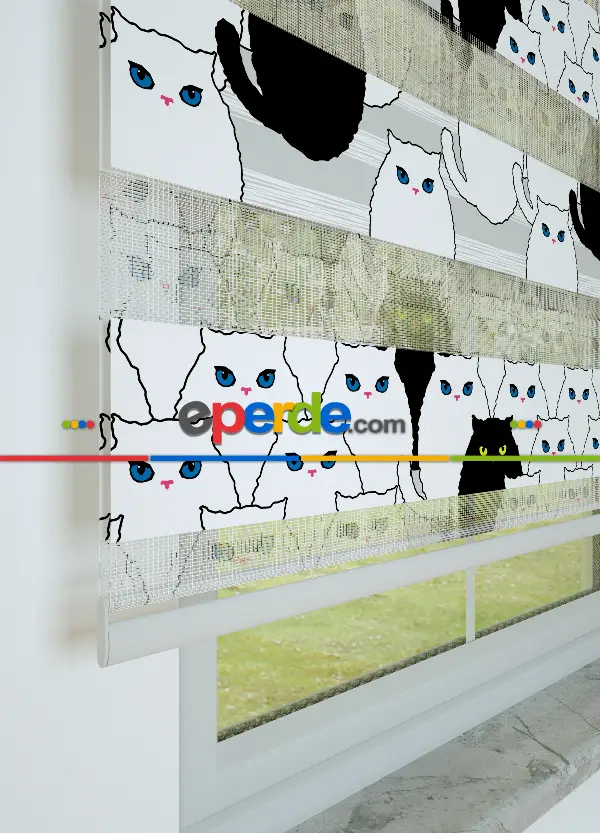 Siyah Kedi Desenli Baskılı Zebra Perde