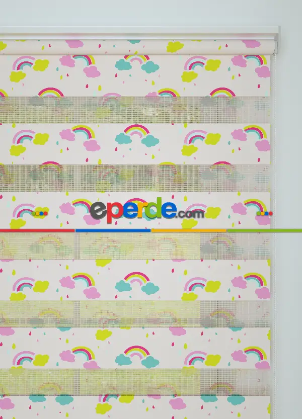 Pembe Sarı Gökkuşağı Ve Bulut Desenli Baskılı Zebra Perde