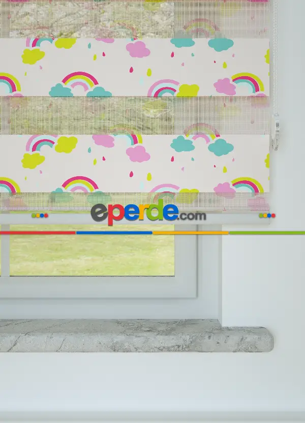 Pembe Sarı Gökkuşağı Ve Bulut Desenli Baskılı Zebra Perde