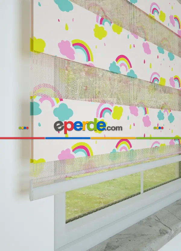 Pembe Sarı Gökkuşağı Ve Bulut Desenli Baskılı Zebra Perde