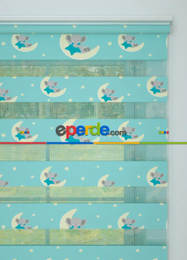 Bebek Odası - Turkuaz Ay Ve Fil Desenli Baskılı Zebra Perde