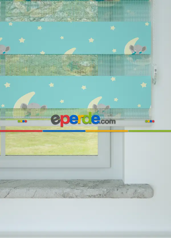 Bebek Odası - Turkuaz Ay Ve Fil Desenli Baskılı Zebra Perde