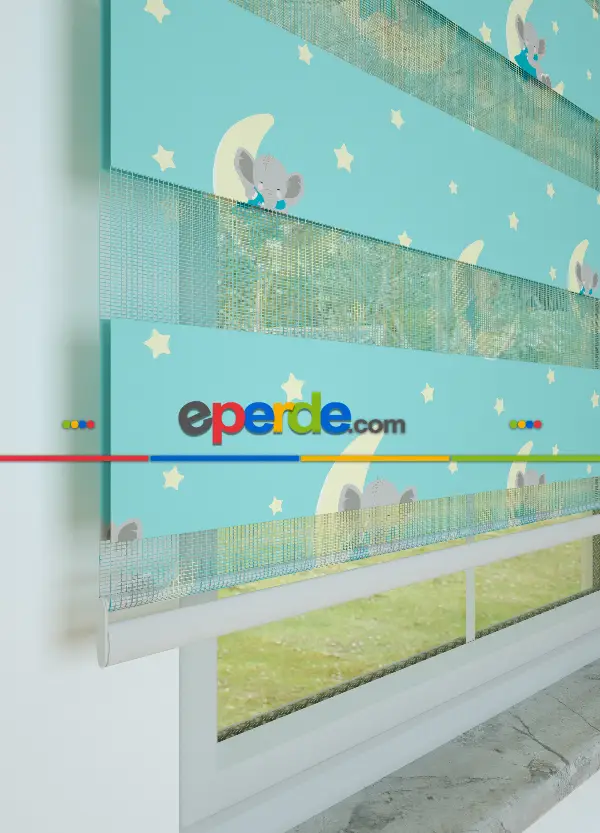 Bebek Odası - Turkuaz Ay Ve Fil Desenli Baskılı Zebra Perde