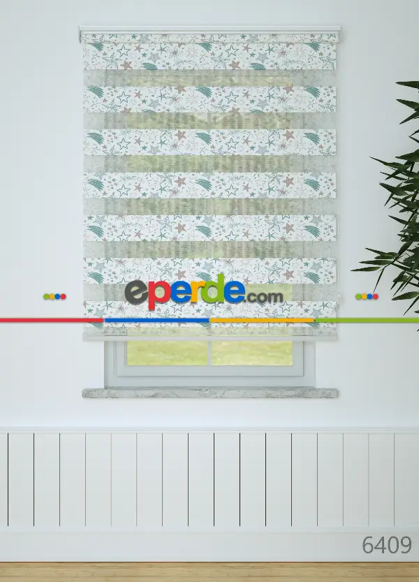 Mint Kayan Yıldız Desenli Baskılı Zebra Perde