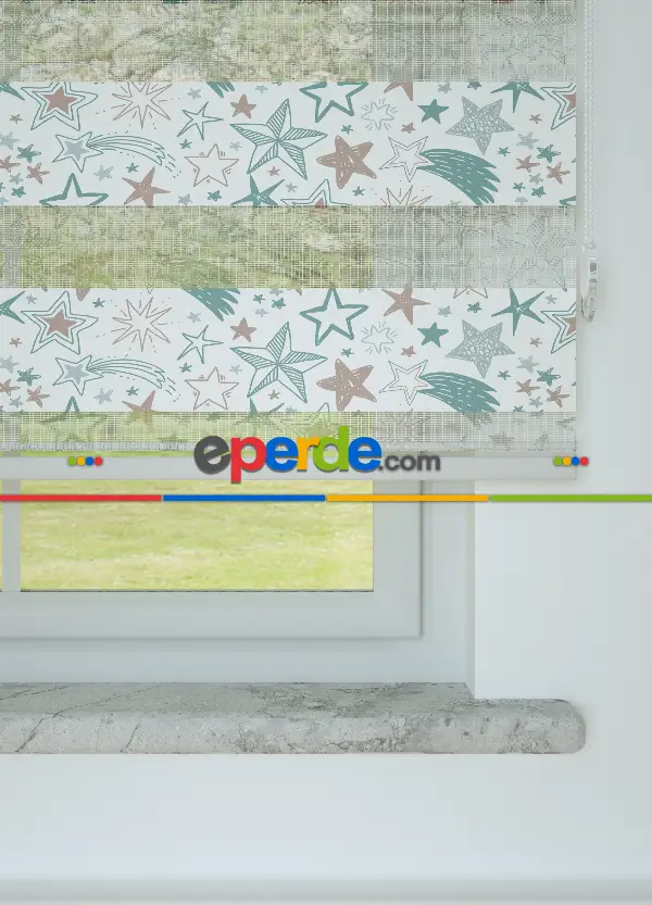 Mint Kayan Yıldız Desenli Baskılı Zebra Perde