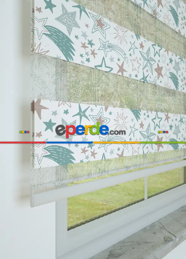 Mint Kayan Yıldız Desenli Baskılı Zebra Perde