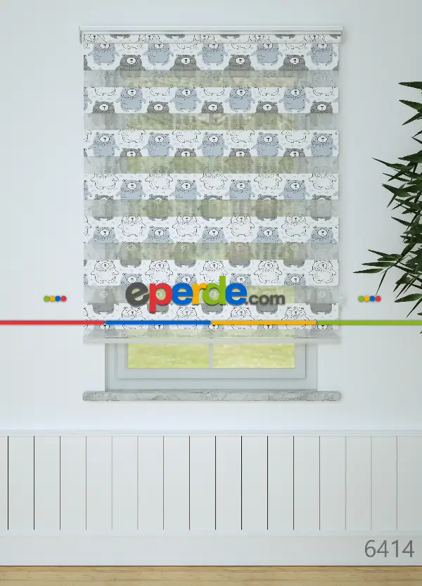 Gri Mavi Ayı Desenli Baskılı Zebra Perde