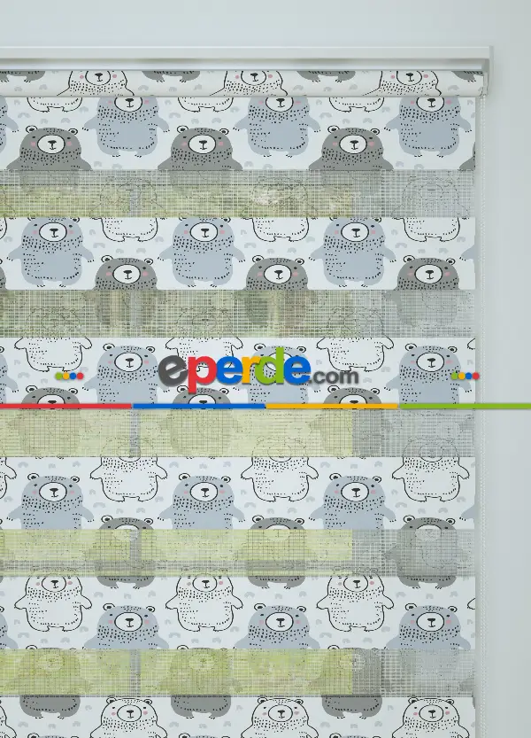 Gri Mavi Ayı Desenli Baskılı Zebra Perde