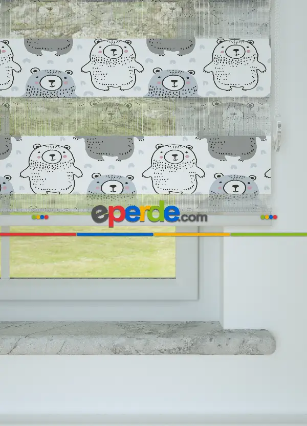 Gri Mavi Ayı Desenli Baskılı Zebra Perde