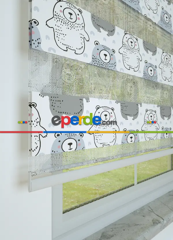 Gri Mavi Ayı Desenli Baskılı Zebra Perde