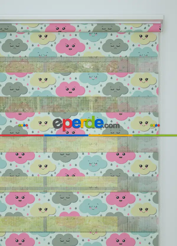 Sarı Pembe Bulut Desenli Baskılı Zebra Perde