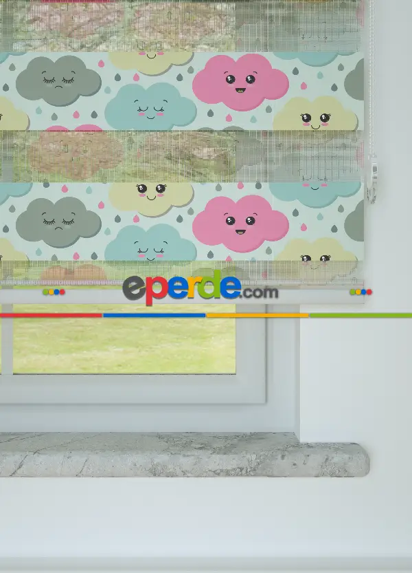 Sarı Pembe Bulut Desenli Baskılı Zebra Perde