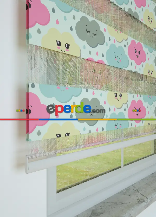 Sarı Pembe Bulut Desenli Baskılı Zebra Perde