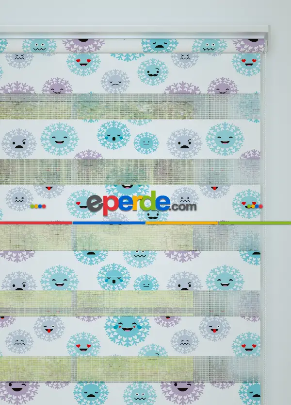 Mor Mavi Kar Tanesi Desenli Baskılı Zebra Perde