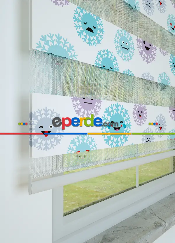 Mor Mavi Kar Tanesi Desenli Baskılı Zebra Perde