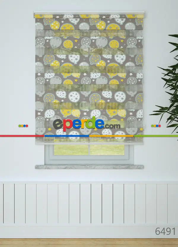 Çocuk Odası - Sarı Mint Yıldızlı Balon Desenli Baskılı Zebra Perde