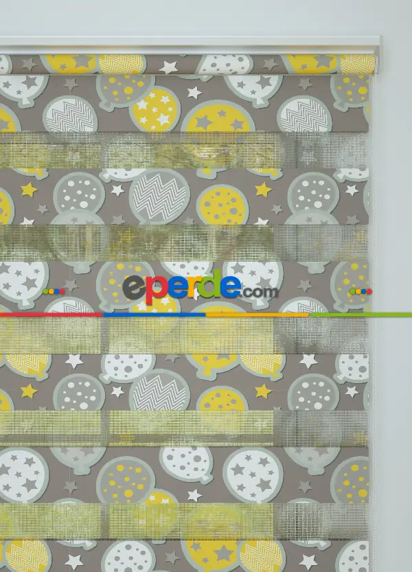 Çocuk Odası - Sarı Mint Yıldızlı Balon Desenli Baskılı Zebra Perde