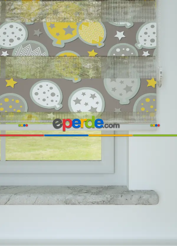 Çocuk Odası - Sarı Mint Yıldızlı Balon Desenli Baskılı Zebra Perde