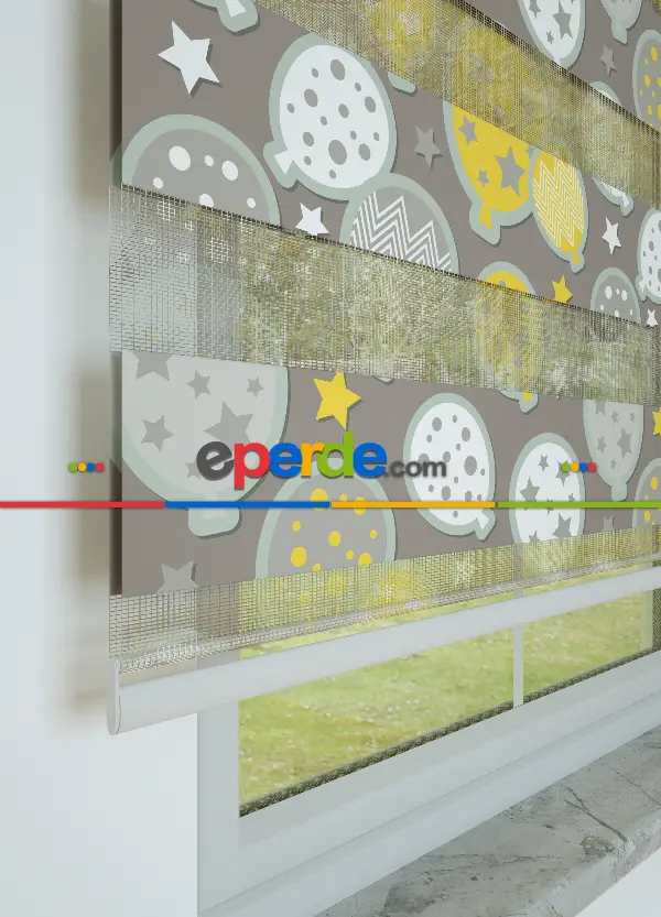 Çocuk Odası - Sarı Mint Yıldızlı Balon Desenli Baskılı Zebra Perde