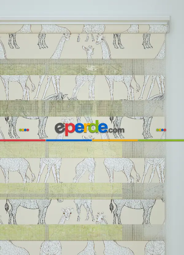 Krem Zürafa Ve Zebra Desenli Baskılı Zebra Perde