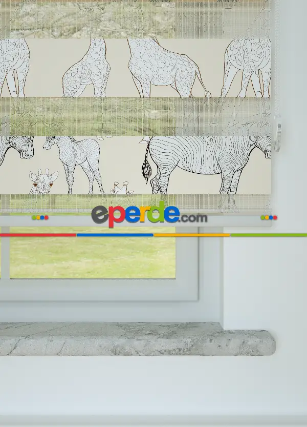 Krem Zürafa Ve Zebra Desenli Baskılı Zebra Perde