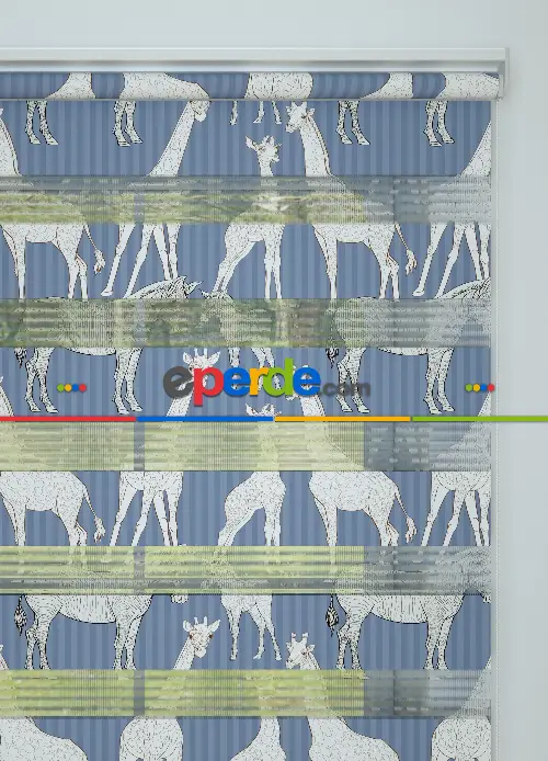 Mavi Zürafa Ve Zebra Desenli Baskılı Zebra Perde